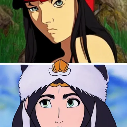 Prompt: megan fox as princess mononoke, comparison between live action and studio ghibli art