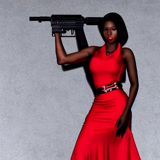 Image similar to Gorgeous black woman wearing red dress, holding an AK-47, photo realistic, detailed face