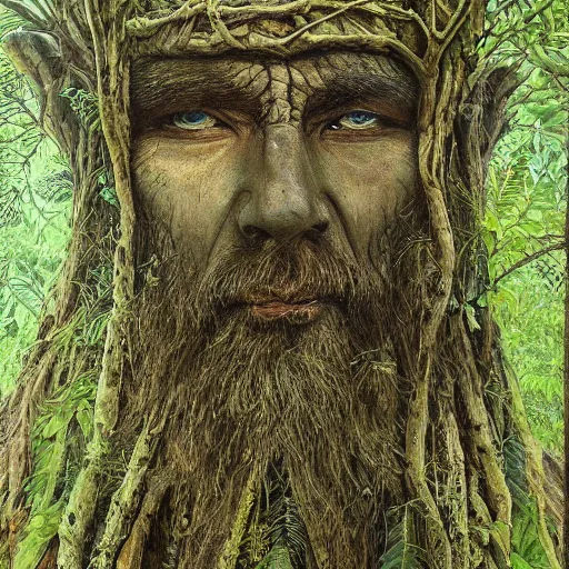 Prompt: A portait of an ancient druid made of bark, he live hidden in the vegetation of a forgotten forest, highly detailed painting, by Daisuke Satake