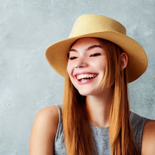 Prompt: portrait of a smiling 2 0 - year - old woman with angle lost profile looking away, medium yellow blond hair, character with a hat, hair comes out of the hat a little