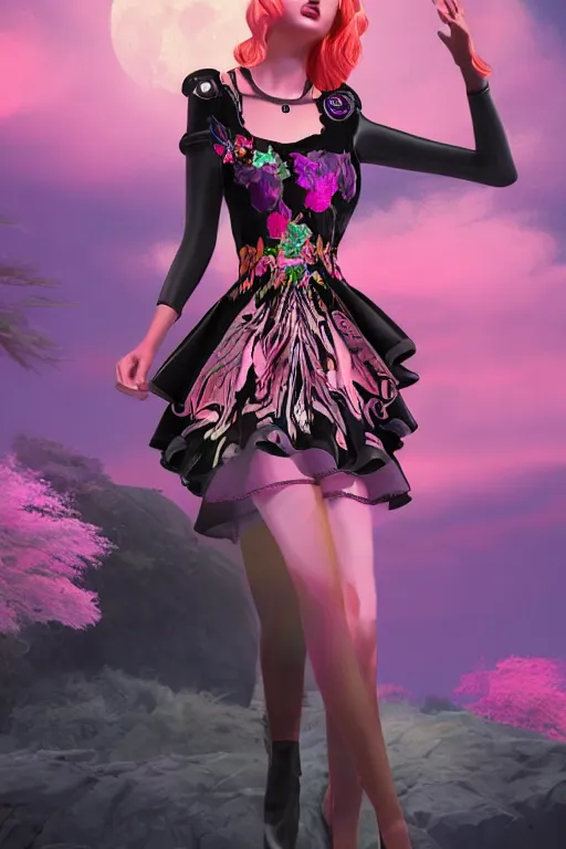 Image similar to Ethereal safari landscape with a pink rainbow sky under a goddess moonstone, black leather and embroidered Lolita dress in velvet, rich color, ramatic cinematic lighting, featured on Artstation, extremely detailed by Lisa Frank