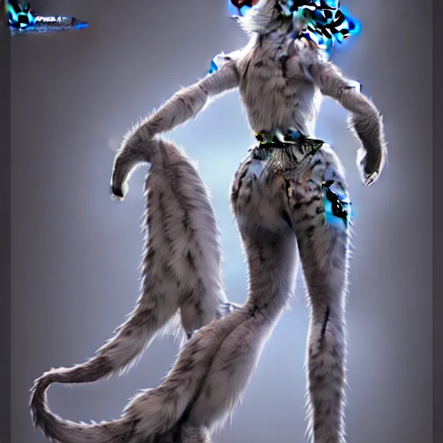 Image similar to the full body of anthropomorphic lynx fursona from behind wearing a steampunk suit as unimaginably beautiful, gorgeous, elegant, young woman with lynx head, an ultrafine hyperdetailed illustration by furaffinity, intricate linework, white fur, unreal engine 5 highly rendered, global illumination, radiant light, detailed and intricate environment