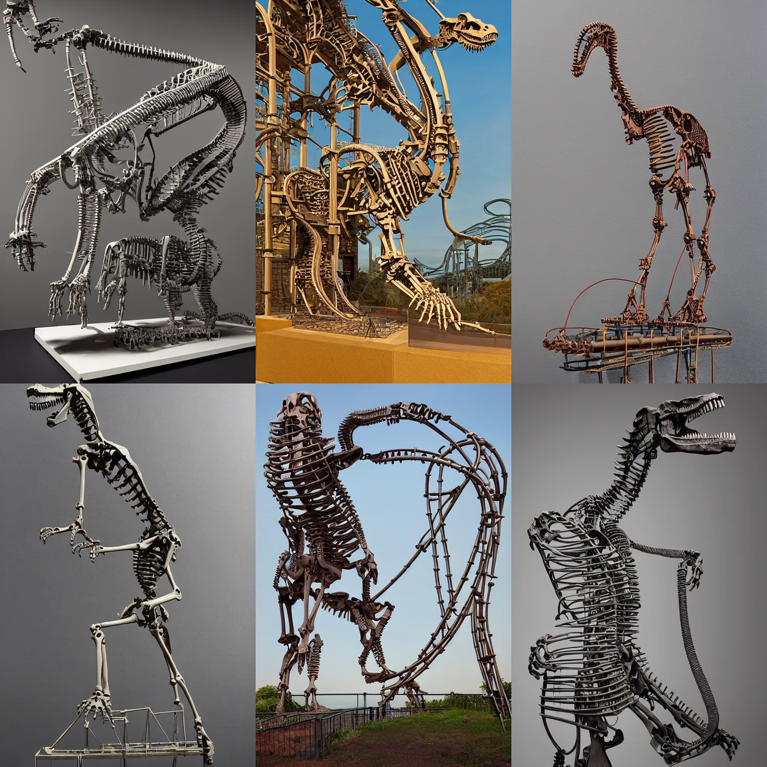 Prompt: shaped stone relief, electron microscopy Simple translucent mechanic bionic dinosaur skeleton dissection sculpture made from rollercoaster, with organs, cables, wires and tubes, by , by angus mckie, by rhads, on a black wall, by Goga Tandashvili