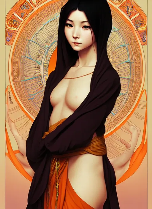 Prompt: A beautiful female monk, highly detailed, digital painting, smooth, sharp focus, symmetrical tarot illustration, art by artgerm and alphonse mucha, high definition digital art, in the style of Ross tran and ilya kuvshinov