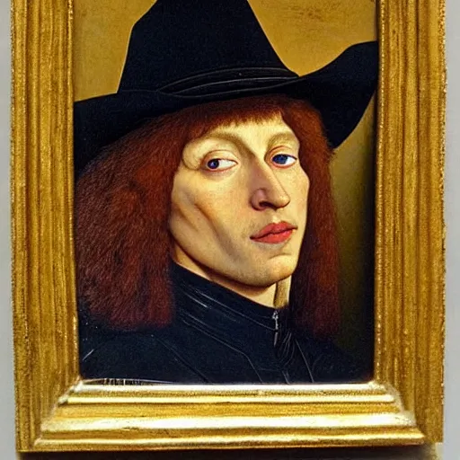 Image similar to 3/4 bust portrait of a shifty high fantasy elf sheriff wearing a cowboy hat and star badge by Jan van Eyck