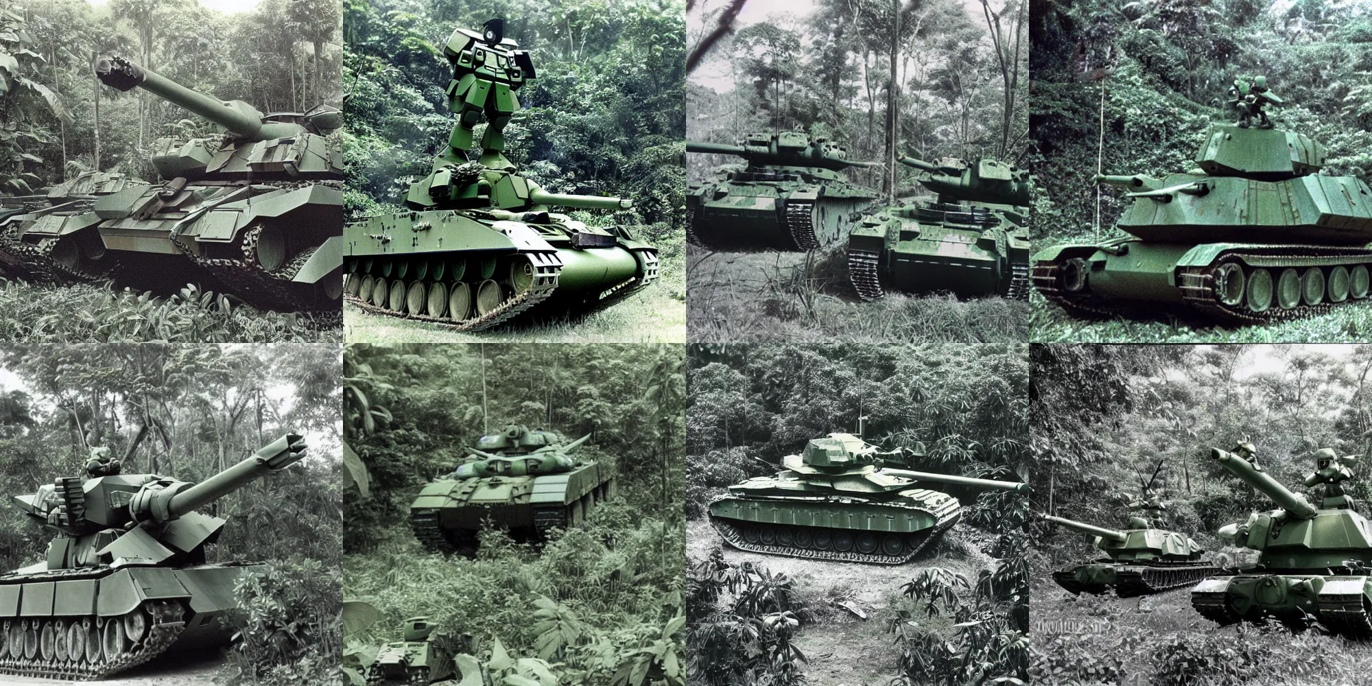 Prompt: 35mm photo of camouflage green color, giant gundam mecha in Vietnam jungle, towering over tanks and soldiers, photorealism, 1969 photo, 8k