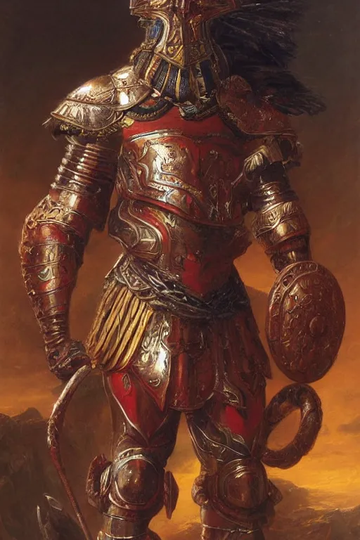 Prompt: a powerful and muscular make african warrior , half body portrait, ornate armour, realistic oil painting by Thomas Cole and Wayne Barlowe