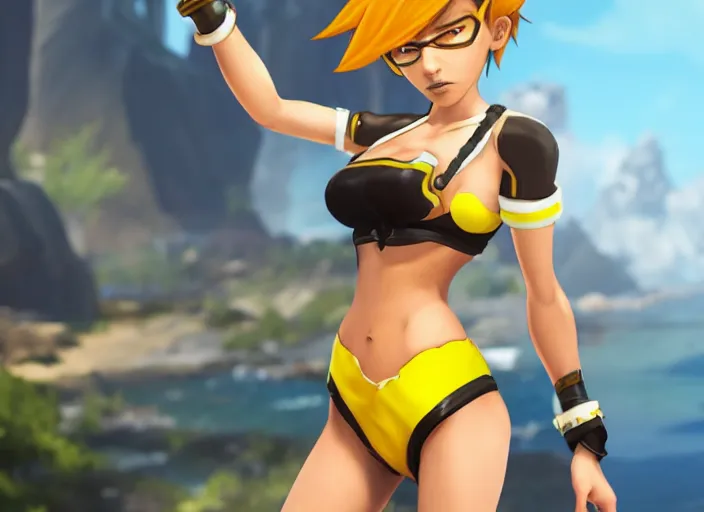 Image similar to tracer game character, in yellow bikini, blonde hair, black eyes, full height