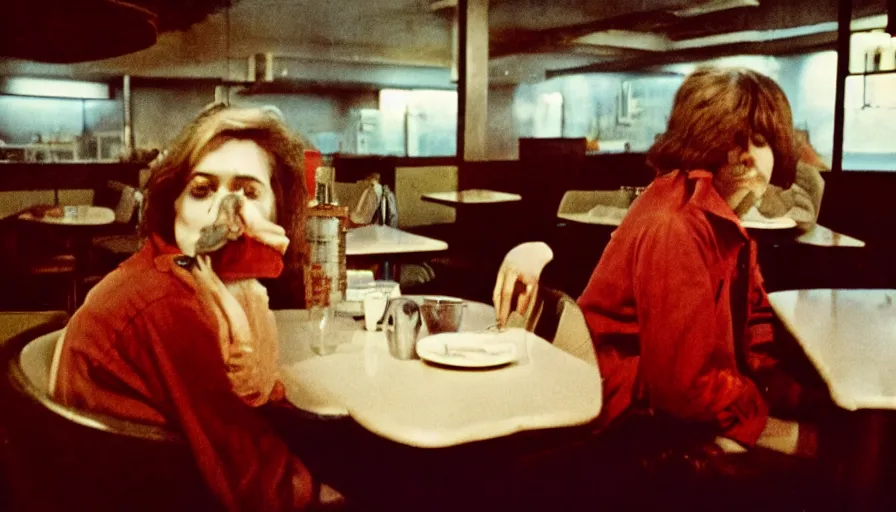 Image similar to 7 0 s film still from a horror movie of one person sitting at an empty diner, kodachrome, cinecolor, cinestill, film grain, film texture, retro, cinematic, high resolution, photorealism,