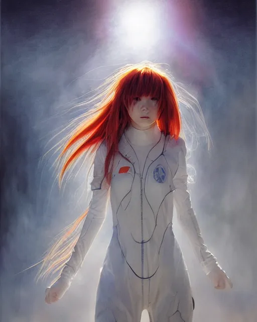 Image similar to asuka langley soryu wearing plugsuit, award winning photograph, radiant flares, realism, lens flare, intricate, various refining methods, micro macro autofocus, evil realm magic painting vibes, hyperrealistic painting by michael komarck - stephen gammell