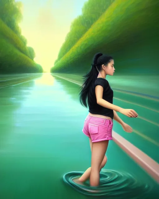 Image similar to photo of a girl with black hair in a ponytail and dressed in a green shirt and pink shorts walking along train tracks stretching out toward the horizon that are submerged under a few inches of water, intricate, elegant, highly detailed, digital painting, artstation, concept art, smooth, sharp focus, illustration, art by artgerm and greg rutkowski and fra angelico