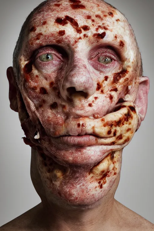 Image similar to portrait of man with facial deformity making the head a flat and circular disc, looking like a pizza, uneven skin with baked crust appearance, large freckles like burnt spots, cheeks look like tomato slices, muted colors, soft lighting, sharp focus, neutral background, masterpiece, photo by jimmy nelson, giger, cindy sherman