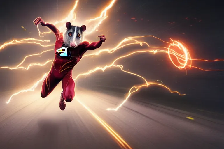 Image similar to a stunning digital painting of a opossum as the flash in spandex costume, running in the speedforce by greg rutkowski, volumetric light, digital art, fine detail, photorealistic