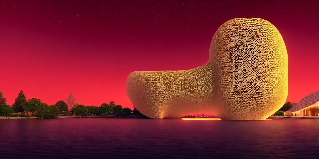 Prompt: A beautiful architectural rendering of a blob shaped trypophobia house with a mysterious red glow emitting from inside in a modern cityscape next to a river, stunning, gorgeous, golden ratio, photorealistic, featured on artstation, 4k resolution