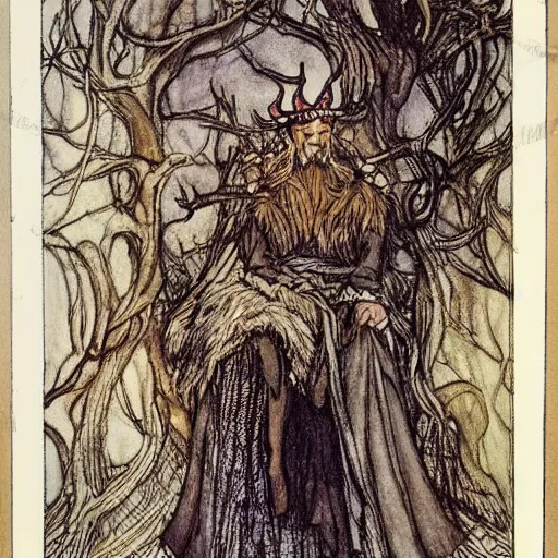 Prompt: A handsome King of the Fae with antlers and blond hair and beard wearing an exquisite suit, color illustration by Arthur Rackham