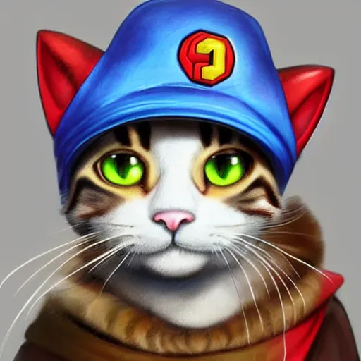 Image similar to Portrait of a Cat dressed as Super Mario, Mario hat, nintendo, highly detailed, digital painting, artstation, concept art, smooth, sharp focus, illustration, art by artgerm and greg rutkowski and alphonse mucha