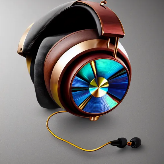 Image similar to masterpiece photo of beautiful crafted bismuth metal headphones, bismuth rainbow metal, bismuth cups, leather padding, displayed on mahogany desk, modernist headphones, bismuth headphones beautiful well designed, hyperrealistic, audiophile, intricate hyper detail, extreme high quality, photographic, meze audio, sennheiser, hifiman, artstation