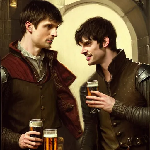 Prompt: handsome bradley james as arthur pendragon and handsome colin morgan as merlin go to a pub together to have some drinks. highly detailed painting by greg rutkowski, j. c. leyendecker 8 k