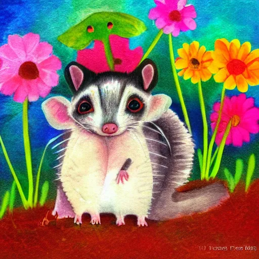 Image similar to opossum, adorable, children's art, colorful, flowers, trees, full moon