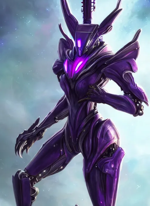 Image similar to cinematic close body, cosmic sized beautiful stunning giant robot mechan hot female dragon goddess, sharp sleek cyborg dragon head, sharp metal ears, smooth purple eyes, smooth fuschia skin, smooth silver armor, nebula, epic proportions, epic scale, macro furry, furry art, dragon art, goddess art, giantess art, warframe, warframe fanart, furaffinity, octane