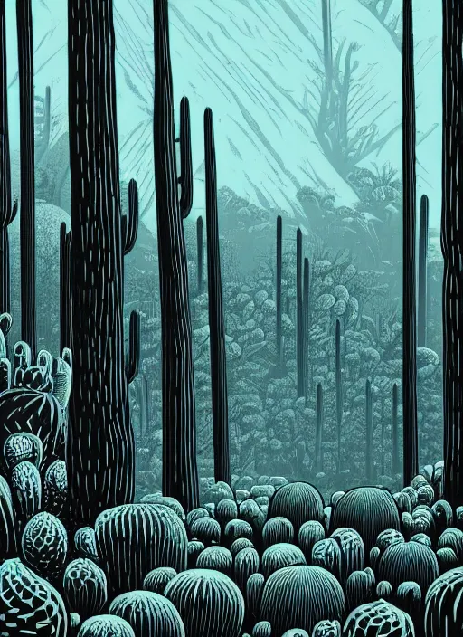 Prompt: art by brian reedy, a beautiful black ink linocut print of the giant cactus forest south america, 8 k, frostbite 3 engine, cryengine, ground level shot, dof, trending on artstation, digital art, crepuscular ray