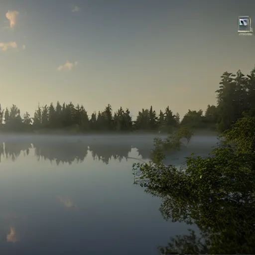 Prompt: still shot of a lake covered in morning fog, highly detailed, photorealistic portrait, bright studio setting, studio lighting, crisp quality and light reflections, unreal engine 5 quality render