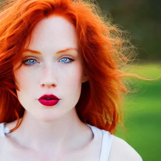 Image similar to Close up photo of the left side of the head of a redhead woman with gorgeous eyes and wavy long red hair, who looks directly at the camera. Slightly open mouth. left side of the head head visible and covers half of the frame, with a park visible in the background. 135mm nikon.