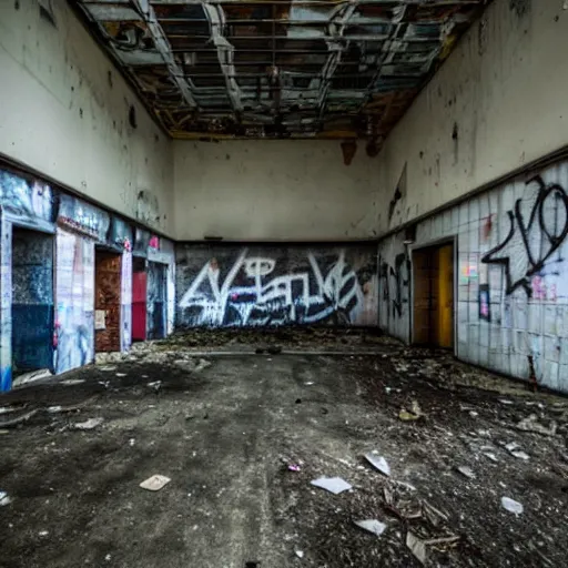 Prompt: Abandoned shopping mall, urbex photo. Low lighting, graffiti.