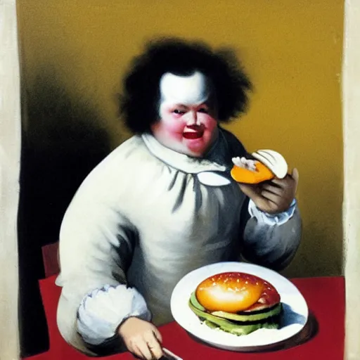 Image similar to ronald mcdonald eating a hamburger, painting by francisco goya