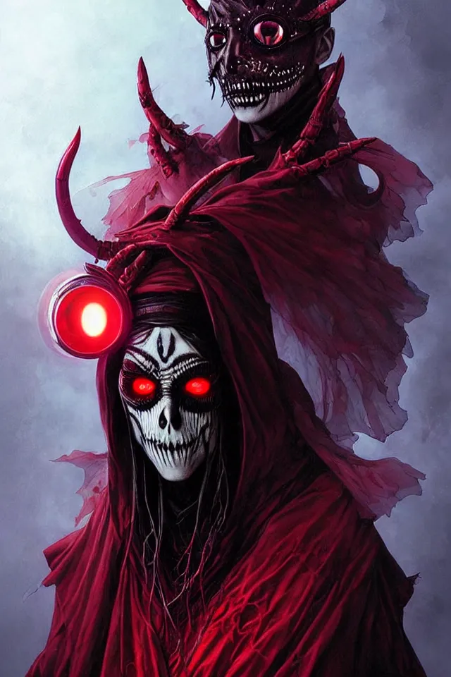 Image similar to a striking spooky portrait of a pitch black masked eldritch shaman with sinister red eyes by moebius and ross tran and artgerm deta