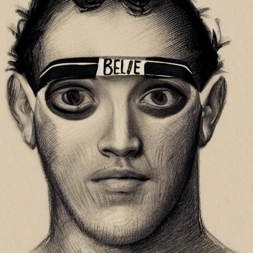 Image similar to sketch of man wearing band on eyes with beleiver written on it