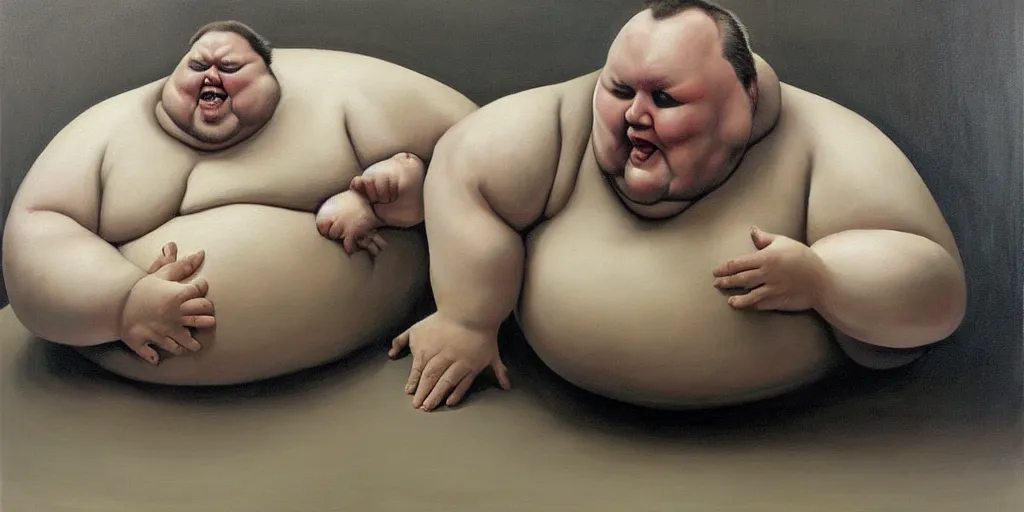 Image similar to a fat man trapped in a tiny cage, bulging and writhing in depressive agony detailed painting by painting by gottfried helnwein and tokio aoyama