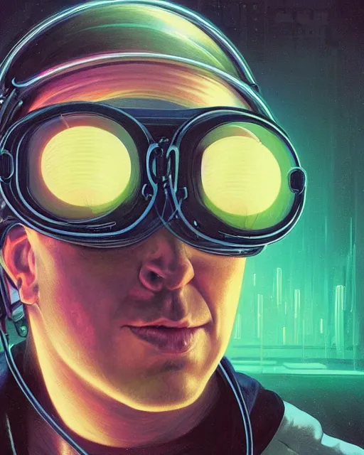 Prompt: future coder looking on, big nose, stuble, glowing visor over eyes and sleek neon headphones, neon accents, desaturated headshot portrait painting by donato giancola, dean cornwall, rhads, tom whalen, alex grey, alphonse mucha, astronaut cyberpunk electric fashion photography