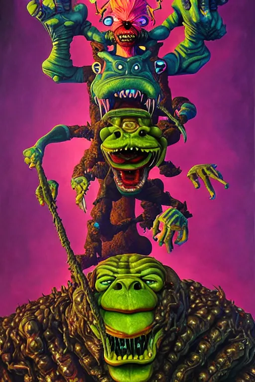 Prompt: a hyperrealistic painting of an epic boss fight against monster hey arnold!! ornate supreme dark overlord, cinematic horror by chris cunningham, lisa frank, richard corben, highly detailed, vivid color,