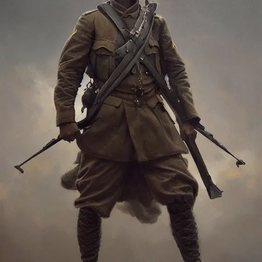 Image similar to a dramatic epic ethereal portrait of a WWI soldier, full body with dynamic pose, male, detailed face, cinematic lighting, highly detailed oil on canvas painting by Greg Rutkowski, winning-award digital art trending on Artstation H 1024 W 832