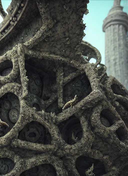 Prompt: ruined ancient lichen covered monument surrounded by biomechanical creatures, ultra realistic, hyper detailed, 8k, octane render