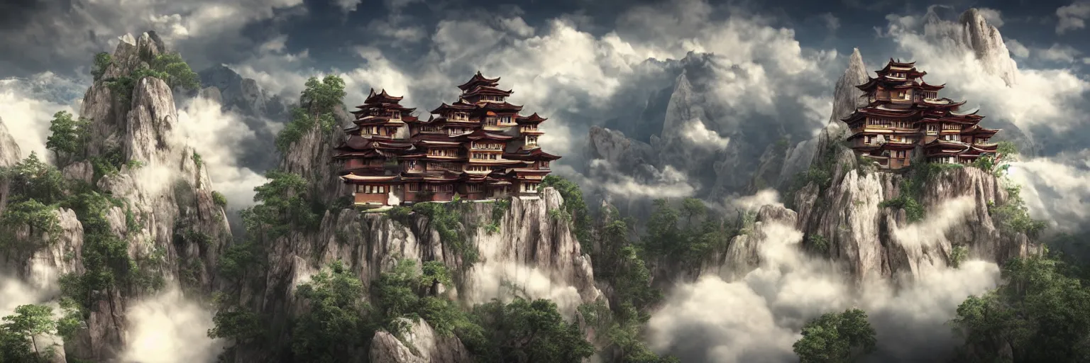 Prompt: flying monastery in the clouds, octane render, by Tomino-sama