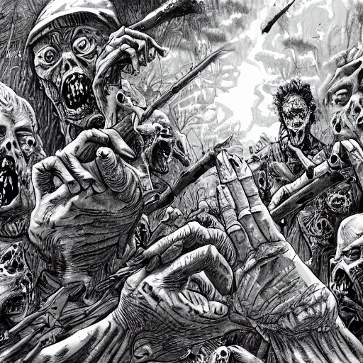 Image similar to zombie attack on the village in the style of kentaro miura, 4 k, 8 k, trending on artstation, artstationhd, artstationhq, detailed drawing of even the most insignificant details