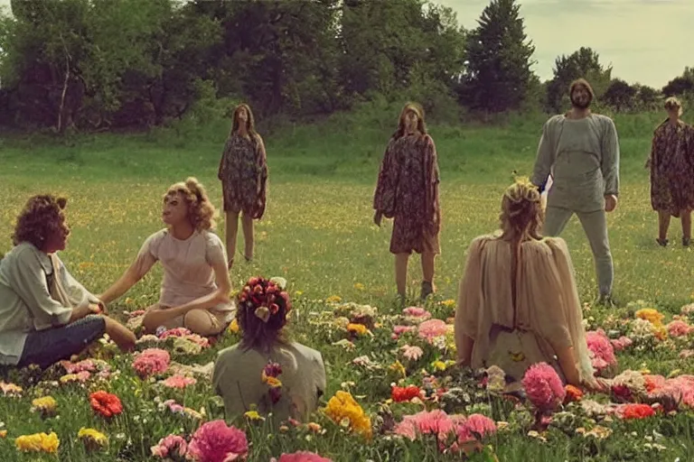 Prompt: vhs 1 9 8 0 s film of a scene from the movie midsommar directed by ari aster