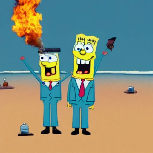 Image similar to a gloomy photo of spongebob and patrick standing on the beach, d-day, smoke, fire, detailed, realistic, hyper-realism,