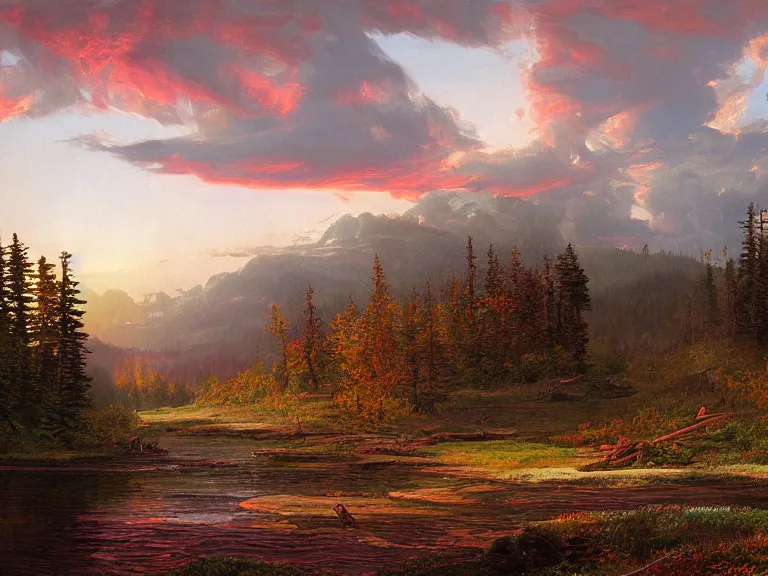 Prompt: Freelance illustration by Frederic Church of Canadian Forest. Hue breaking and color management, concept art. Epic landscape