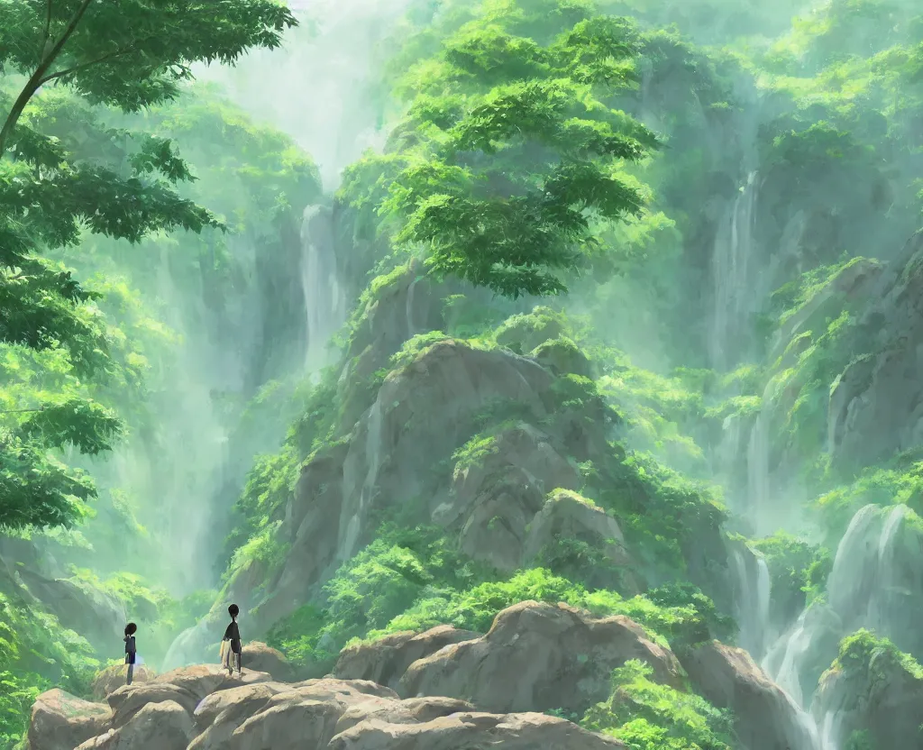 Image similar to two figures grappling in a misty japanese bamboo forest, cell shaded, huge waterfall, large rocky mountain, drawing, stylized anime, sun rays, soft, by hayao miyazaki, ghibli studio, makoto shinkai, toei animation, studio trigger, trending on artstation, 4 k, hd