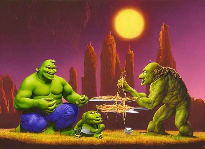 Prompt: painting of shrek and thanos eating spaghetti at dusk, in the style of michael whelan and james gurney and wayne barlowe