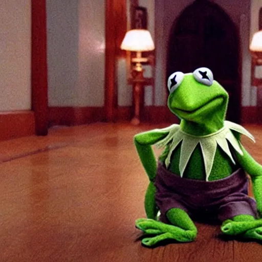 Prompt: Kermit the Frog in the movie The Shining