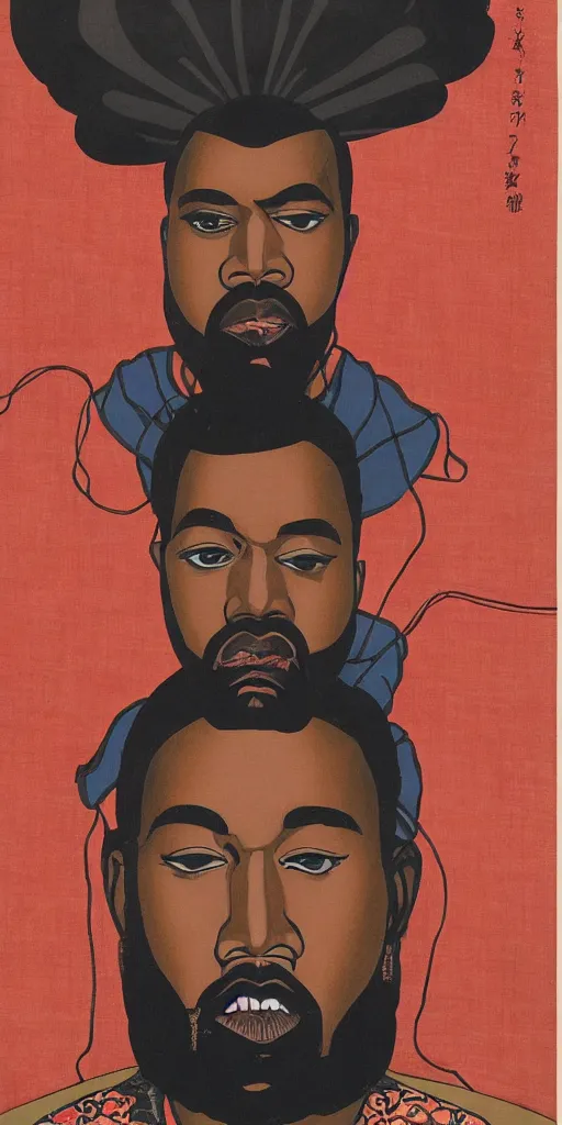 Prompt: a portrait of saint kanye west, kabuki makeup, eating a giant psychedelic mushroom, ukio-e style, symmetrical