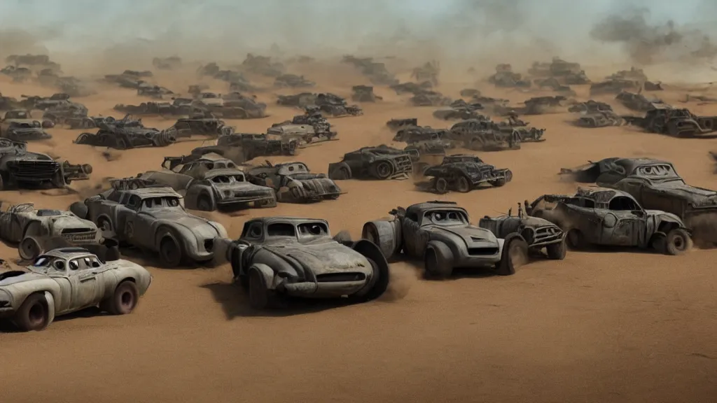 Image similar to pixar cars in mad max fury road, cartoon eyes, explosions, war boys, furiosa, imax