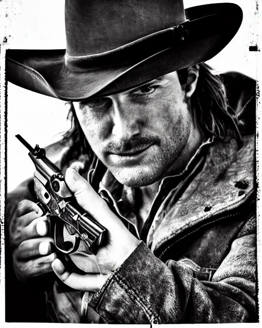 Image similar to portrait of cowboy holding revolver, detailed medium format photo, polaroid still, black and white, western, high production value, intricate details, high resolution, hyperrealistic, hdr, high definition, award winning photography, masterpiece, ultra realistic, highly detailed, hd, sharp focus, cinematic lighting, shaded, non blurry, sharp, smooth