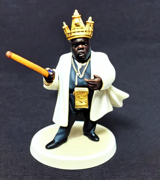 Prompt: notorious big with elegant white suit and walking stick, gold crown, resin miniature, 2 8 mm heroic scale, games workshop, deity, citadel colour, glowing eyes, osl, nmm, r / paintedminis