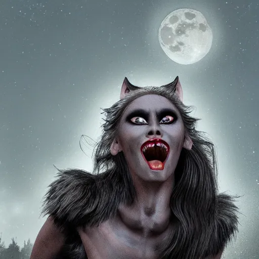 Image similar to female werewolf transformation at night with black realistic fur, under the moon, ultra detail, ultra realistic, 8 k