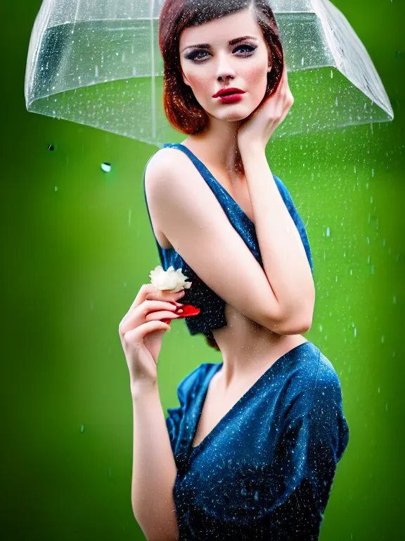 Image similar to kodak ektar 1 0 0 photo of a beautiful woman, lucy rosiek style 3 / 4, surrounded by rain in style of valeria lobbia, 1 5 0 mm lens, f 1. 2, elegant, highly detailed, sharp focus, head in focus, soft blur background, matt dreamy colours, volumetric lighting, hyper realistic